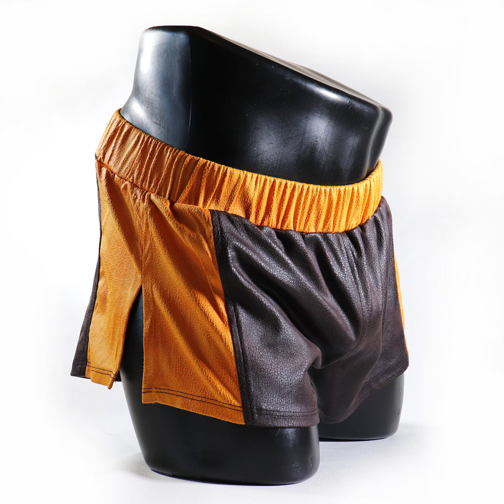 A - MINI - SHORT EN SEMI-CUIR – MARRON ET JAUNE