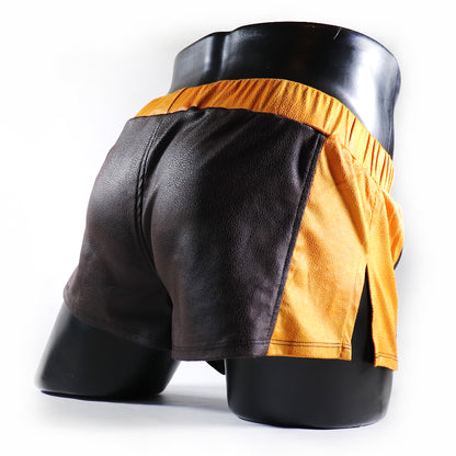 A - MINI - SHORT EN SEMI-CUIR – MARRON ET JAUNE