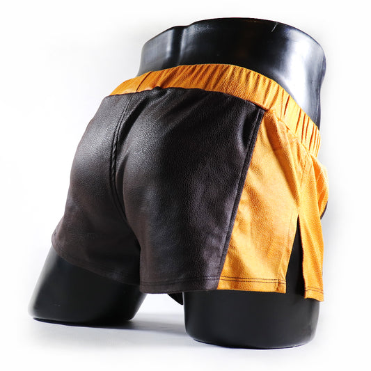 A - MINI - SHORT EN SEMI-CUIR – MARRON ET JAUNE