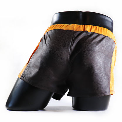 A - MINI - SHORT EN SEMI-CUIR – MARRON ET JAUNE