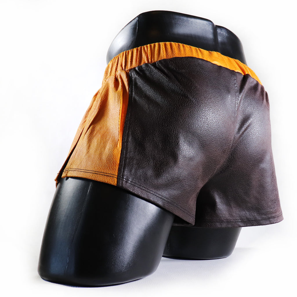 A - MINI - SHORT EN SEMI-CUIR – MARRON ET JAUNE