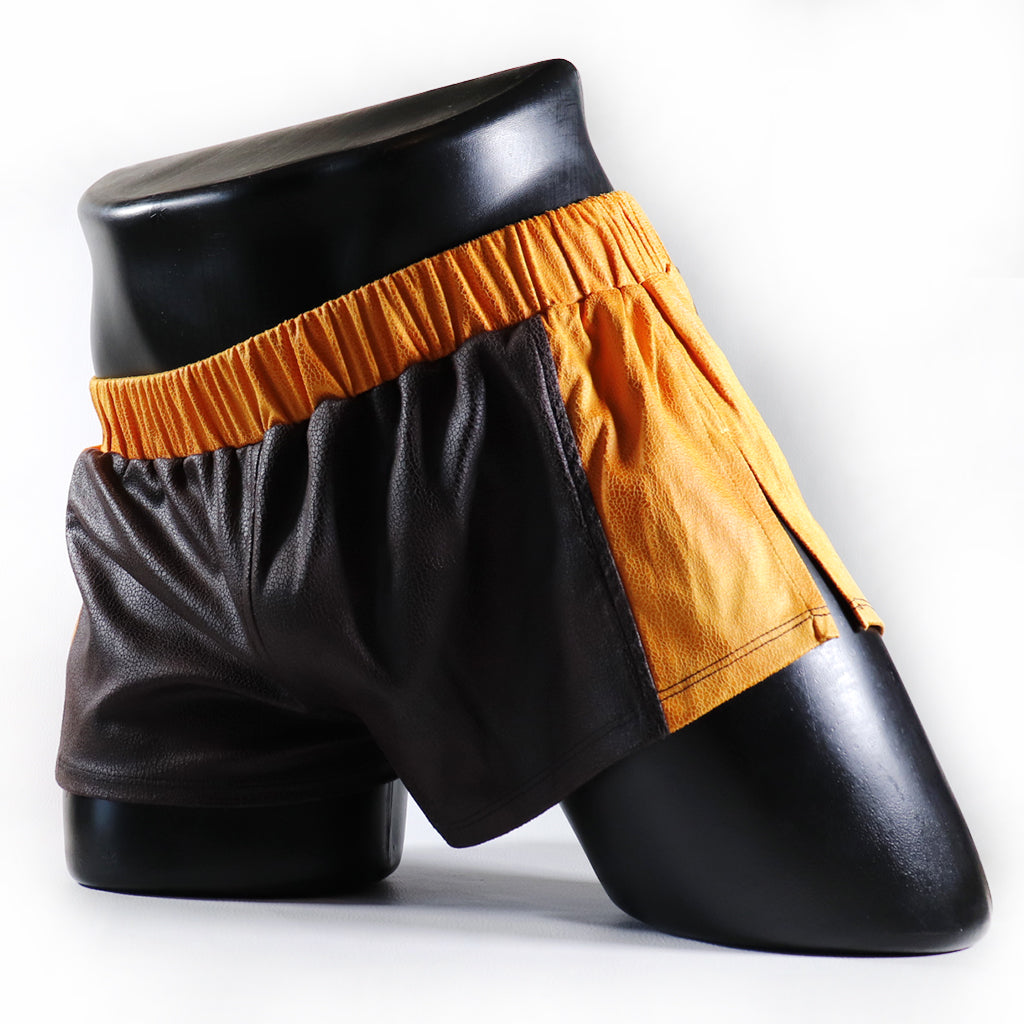 A - MINI - SHORT EN SEMI-CUIR – MARRON ET JAUNE