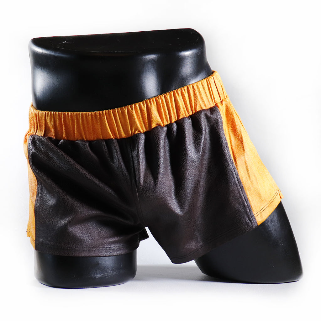 A - MINI - SHORT EN SEMI-CUIR – MARRON ET JAUNE