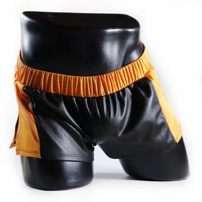 A - MINI - SHORT EN SEMI-CUIR BRILLANT – NOIR ET JAUNE