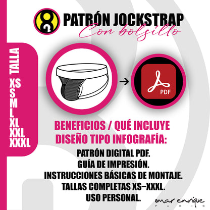 Patrón profesional de jockstrap con bolsillo en PDF de Omar Enrique Paris. Incluye tallas XS–XXXL, formatos A4 y Carta, e instrucciones básicas. Descarga inmediata y tutorial en YouTube para que confecciones tu propia prenda con estilo.