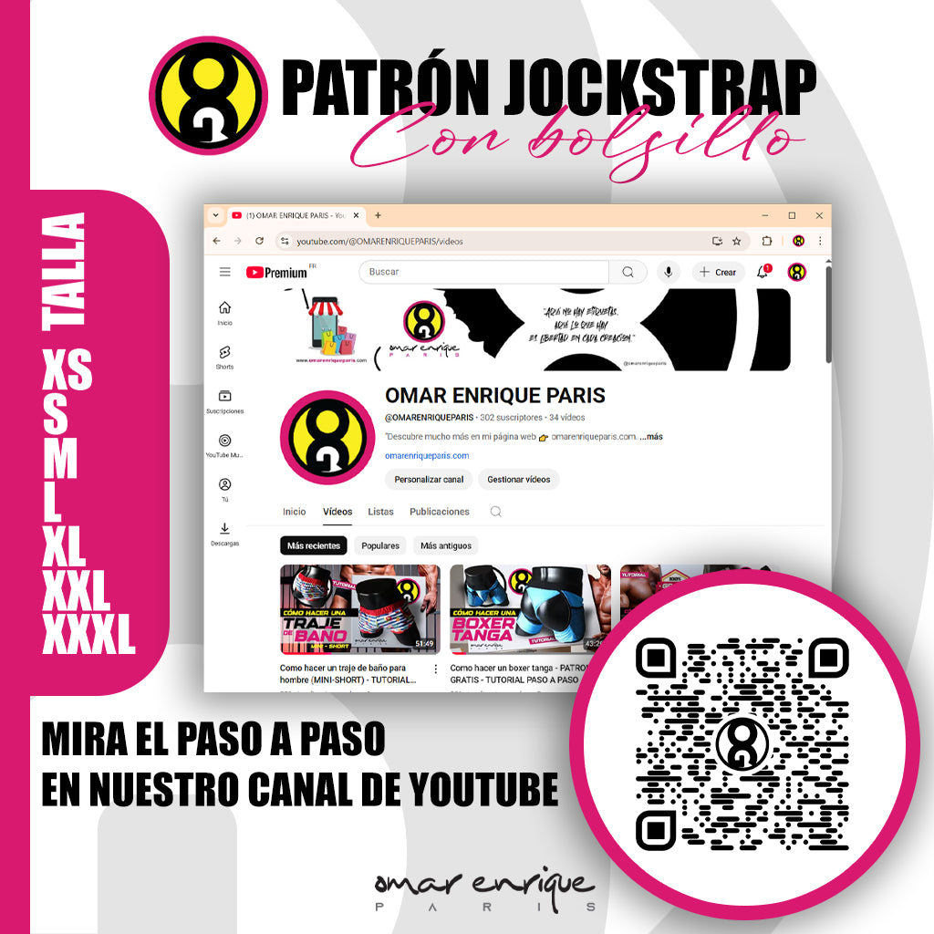 Patrón profesional de jockstrap con bolsillo en PDF de Omar Enrique Paris. Incluye tallas XS–XXXL, formatos A4 y Carta, e instrucciones básicas. Descarga inmediata y tutorial en YouTube para que confecciones tu propia prenda con estilo.