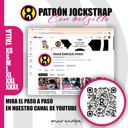 Patrón profesional de jockstrap con bolsillo en PDF de Omar Enrique Paris. Incluye tallas XS–XXXL, formatos A4 y Carta, e instrucciones básicas. Descarga inmediata y tutorial en YouTube para que confecciones tu propia prenda con estilo.