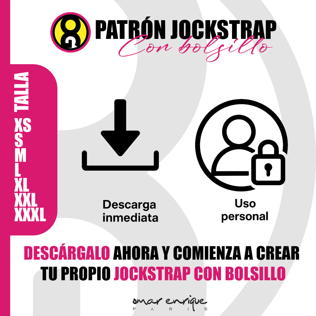 Patrón profesional de jockstrap con bolsillo en PDF de Omar Enrique Paris. Incluye tallas XS–XXXL, formatos A4 y Carta, e instrucciones básicas. Descarga inmediata y tutorial en YouTube para que confecciones tu propia prenda con estilo.